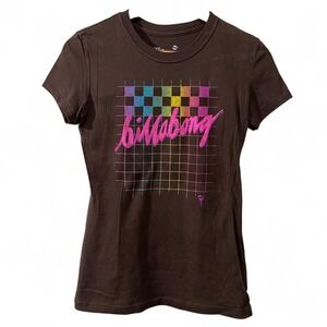 Billabong‎ Brown Graphic Tee Womens L Rainbow Grid Surf Skate Y2K Logo T-Shirt